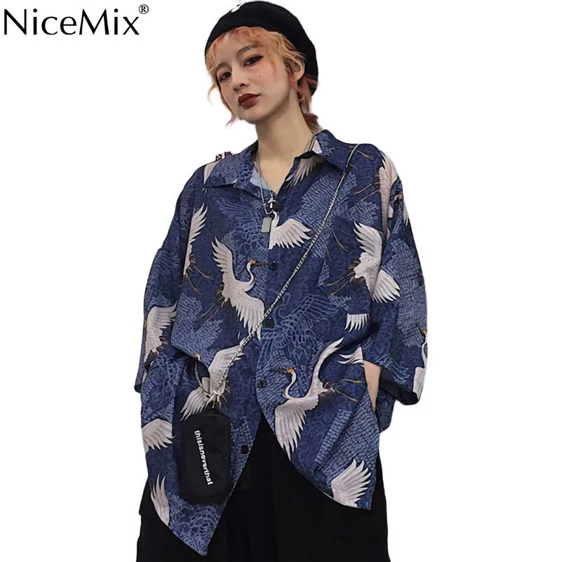 NiceMix Новинка года блузка для женщин пляжные Топы корректирующие повседневное три четверти рукава рубашки для мальчиков принт Camisa Feminina