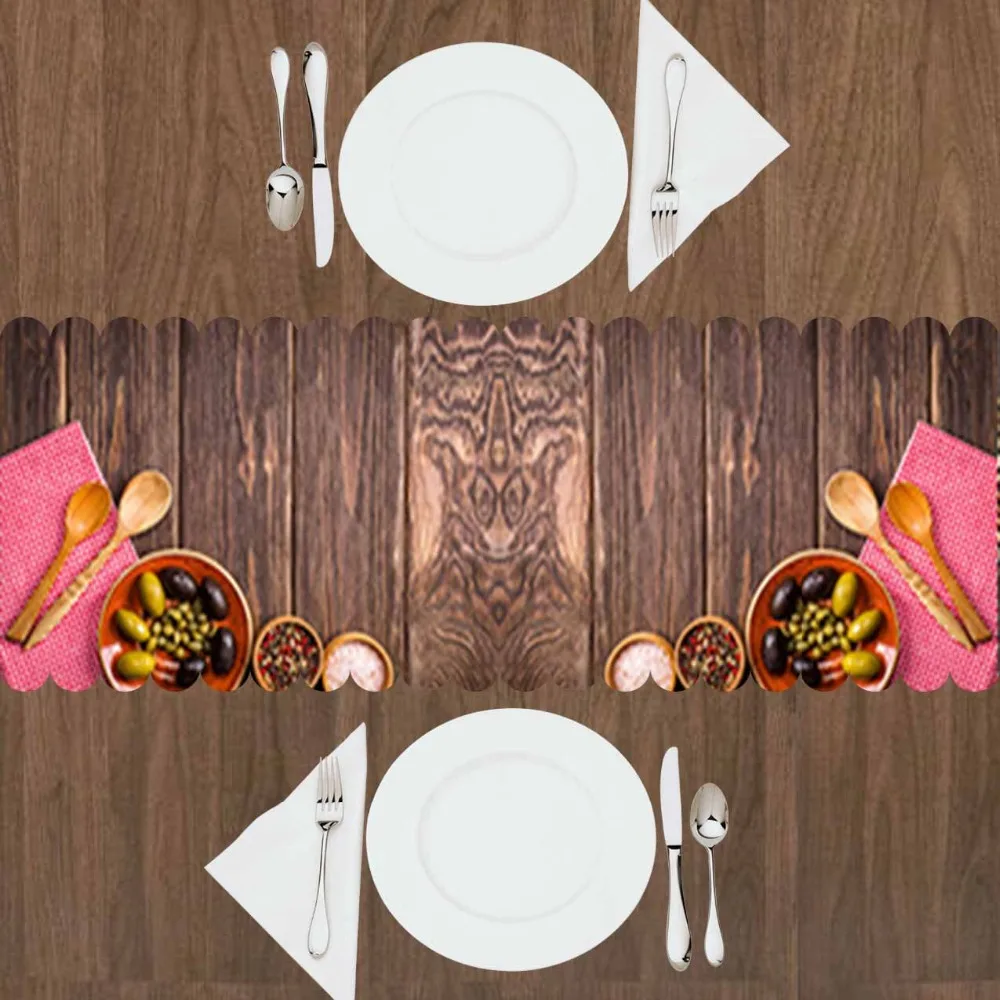 

Else Brown Wooden Wood Spoon Breakfast Green Black Olive 3d Print Pattern Modern Table Runner for Kitchen Dining Room Tablecloth