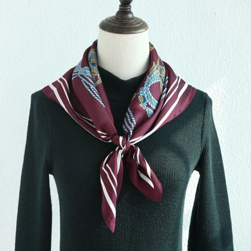 

Luna&Dolphin Women Square Scarf 70*70cm Wine Red Navy Carriage Printing Chiffon Silk Scarves Black Office Lady Headbands Bandana
