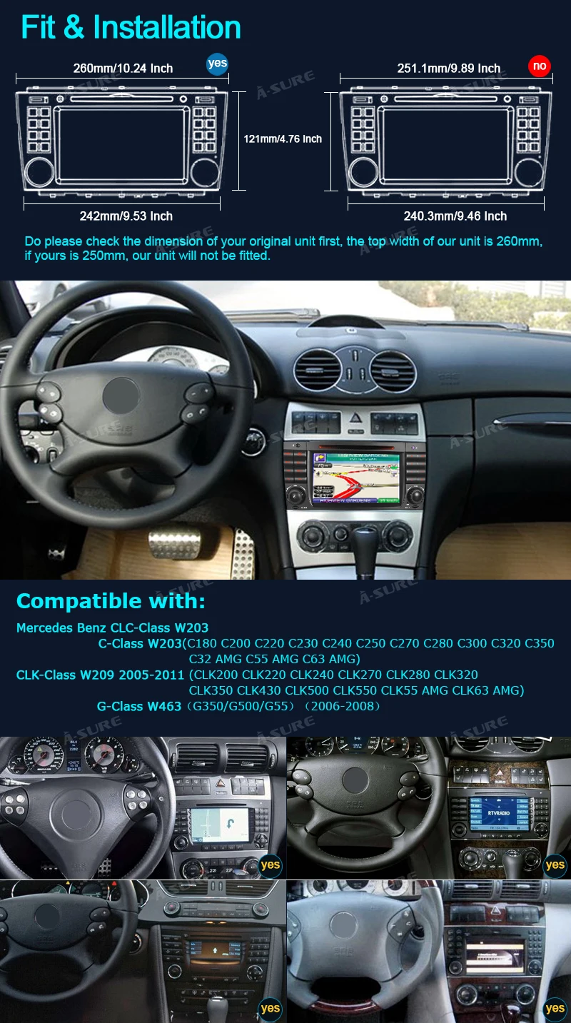 Top A-Sure 2 Din Android 8.0 Auto Radio GPS DVD Player Navigation For Mercedes Benz C Class W2019 W209 AMG CLK CLC WIFI 4G BT DAB+ 7