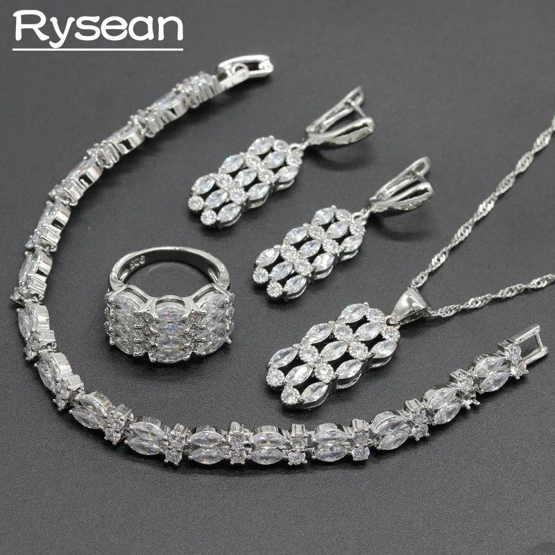 

925 Sterling Silver Wedding Jewelry Sets White Zirconia For Women 4PCS Necklace Pendant Bracelet Ring Earrings