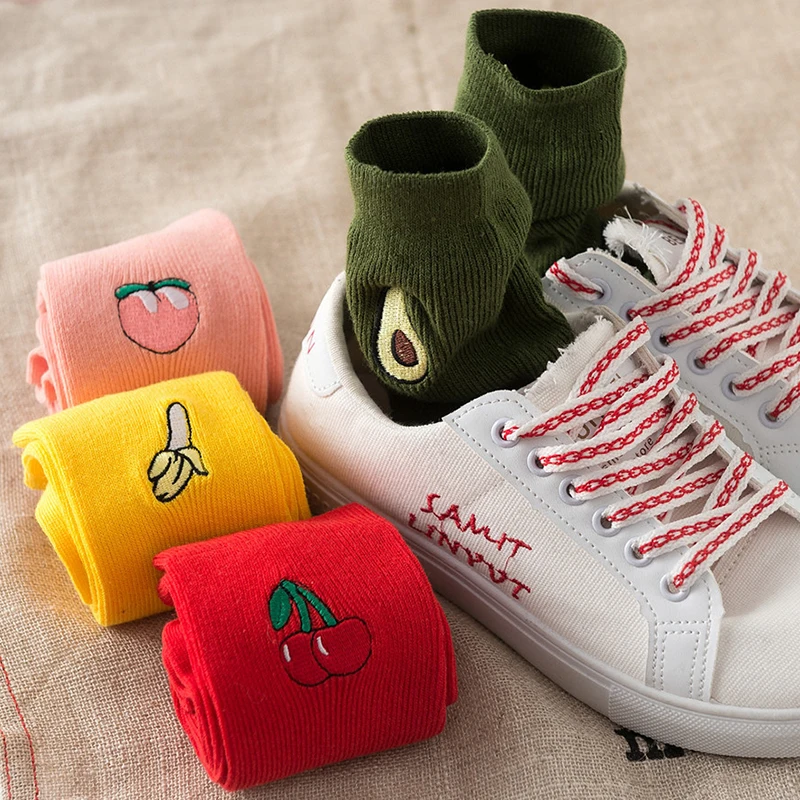 1 пара, милые женские свободные носки с вышивкой фруктов, авокадо/банан/вишня/персик, Япония, Харадзюку, каваи, забавные женские короткие носки
