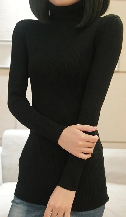 Осенние и зимние новые модные прилив-корейский пуловер толщиной дна Женские Высокий воротник длинный тонкий свитер