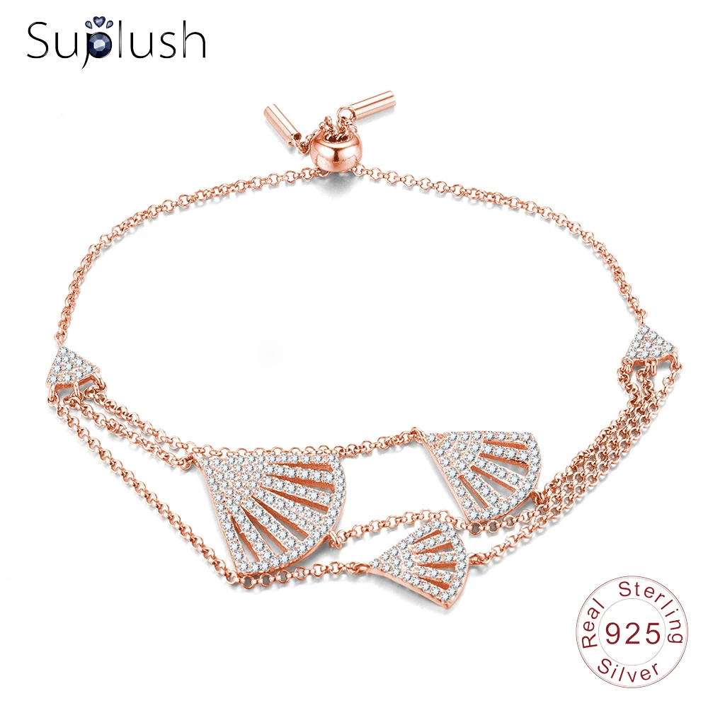 

Suplush 100% 925 Sterling Silver Charm Bracelets With Pave AAA Zircon Fans Silver Jewelry Bracelets For Women Christmas Gifts