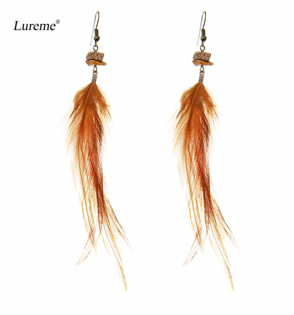 

Женские винтажные серьги-подвески Lureme, этнические длинные серьги с натуральным пером и геометрическим камнем (er005528)