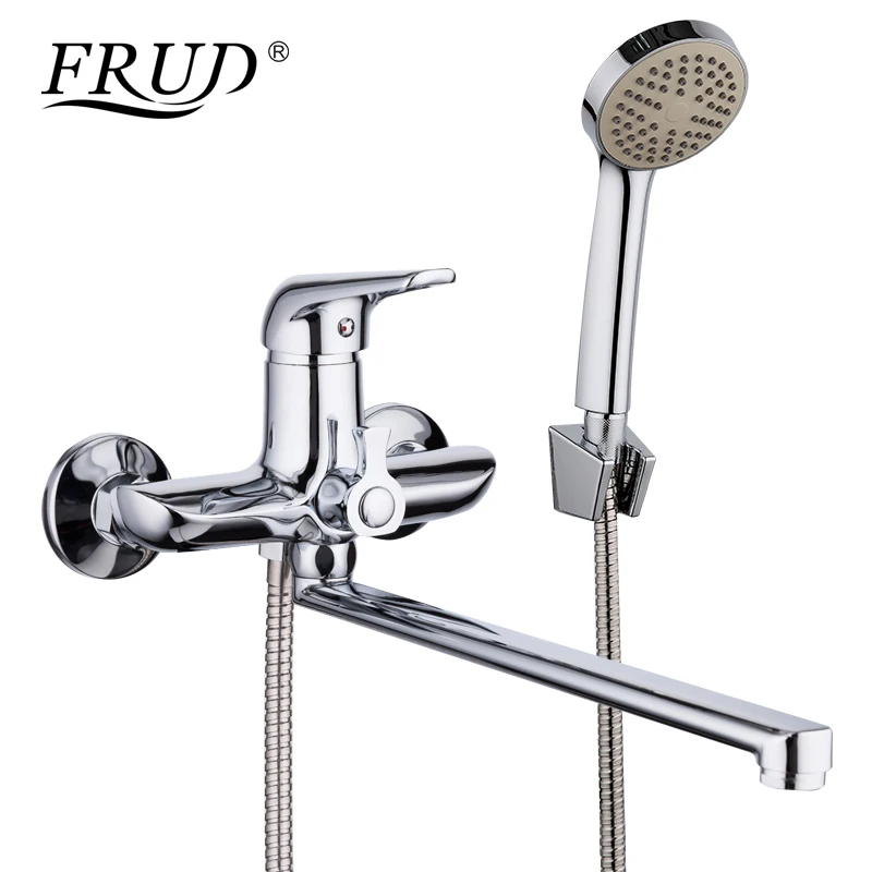 Offerte FRUD 1set 35 centimetri In Lega di Zinco tubo di Scarico Vasca Da Bagno Doccia Rubinetto Cromato con Doccia Testa Bagno Fredda e Calda miscelatore acqua di Rubinetto R22102