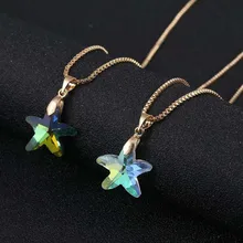 Crystal Glass Charm Starfish Pendant Necklace For Women Transparent Shining Color Star Jewlery GIft