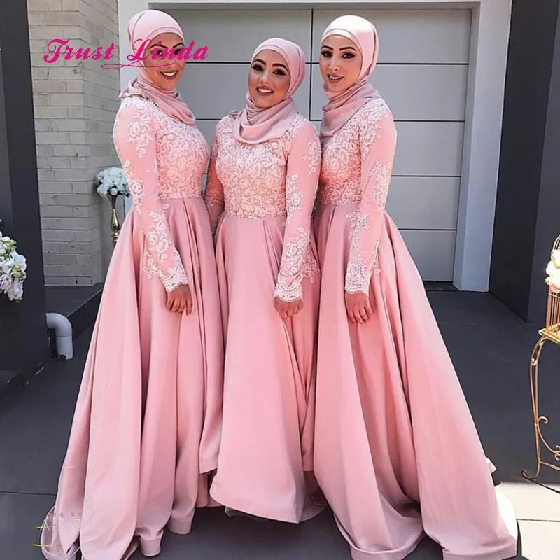 Вечерние платья с длинными рукавами; свадебное платье с высоким воротом; ТРАПЕЦИЕВИДНОЕ розовое арабское платье подружки невесты; Robe Longue Demoiselle D'honneur - Цвет: Розовый