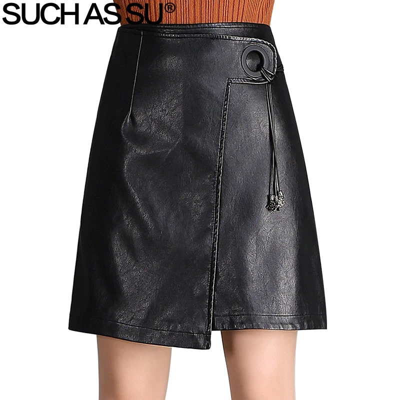 

SUCH AS SU 2017 Brand New Asymmetrical PU Leather Skirts Womens Black lacing High Waist Ring Buckle Winter S-3XL Ladies Skirt