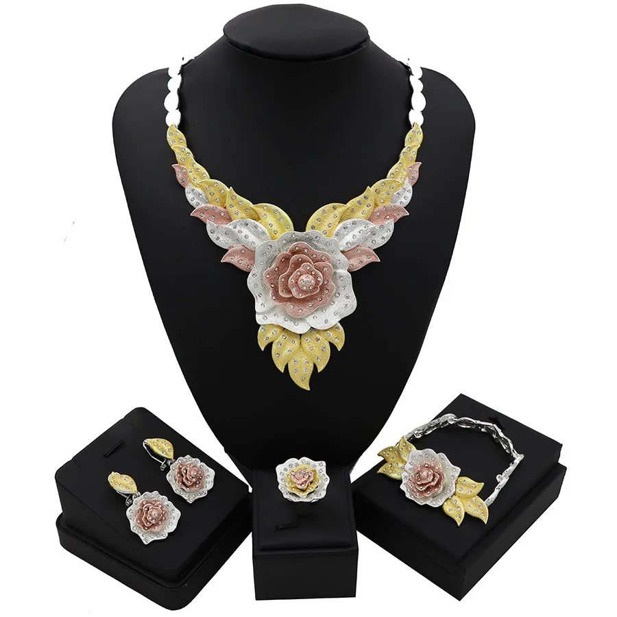 

TSROUND Colorful Rose Flower with Leaf 4PCS African Dubai Jewelry Sets For Women Three Tones Party Wedding Bridal CZ Jewellery