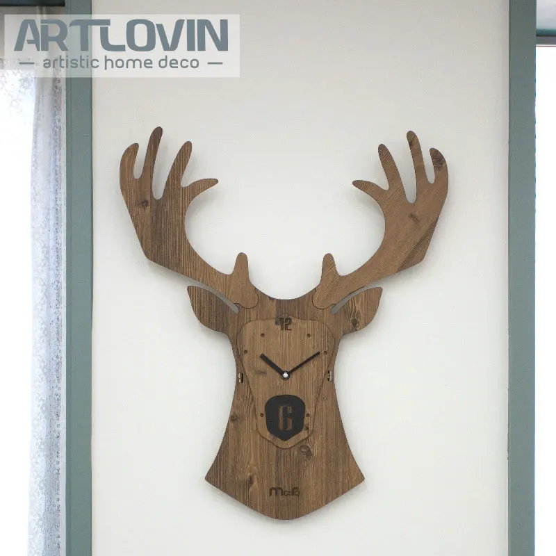 DIY 3D Creative Wooden Deer Head Wall Clock Home Decorative Garniture