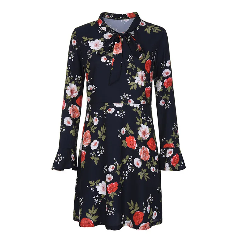 Fashion Autumn summer dress 2018 casual Flare elegant dress Long Sleeve O-Neck Floral Printed Mini party Dress vestido A27#N (3)