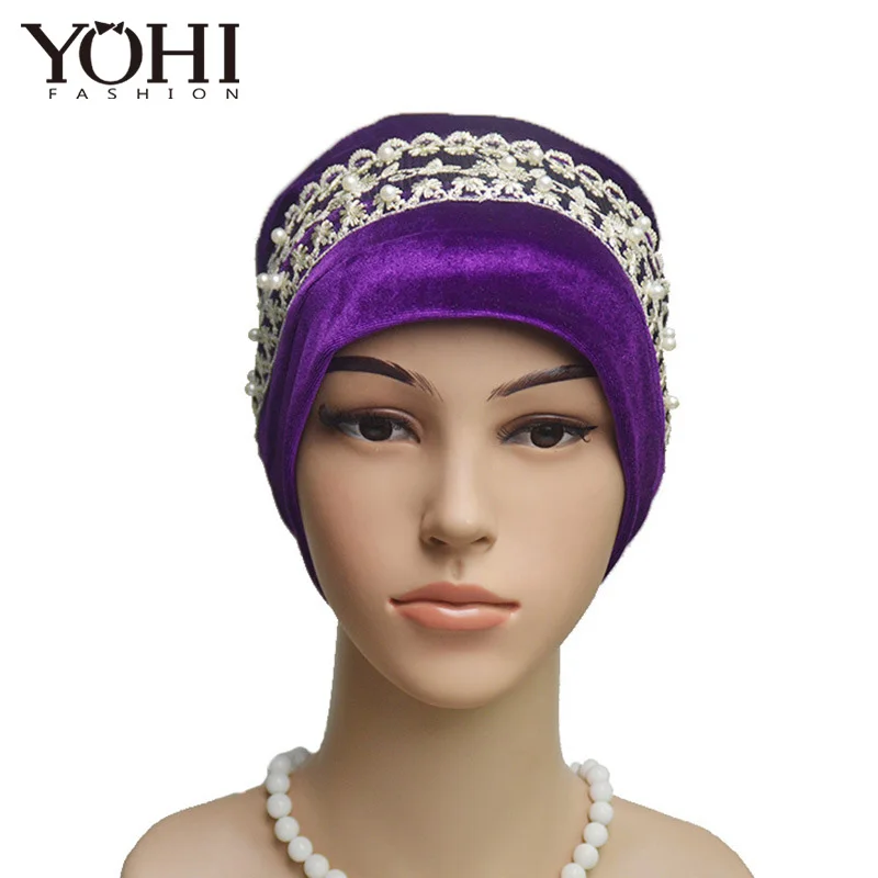 2018 New Fashion  velvet lace pearl head hat Baotou  Ladies Hat Church Cap Women Hijab turbante