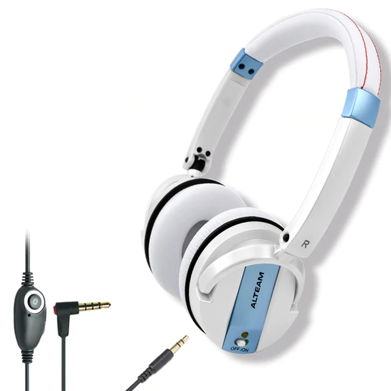 

Stylish White Over the Head Headband On Ear Lightweight 3.5mm Wired Stereo Foldable Active Noise Canceling Headphone With Mic