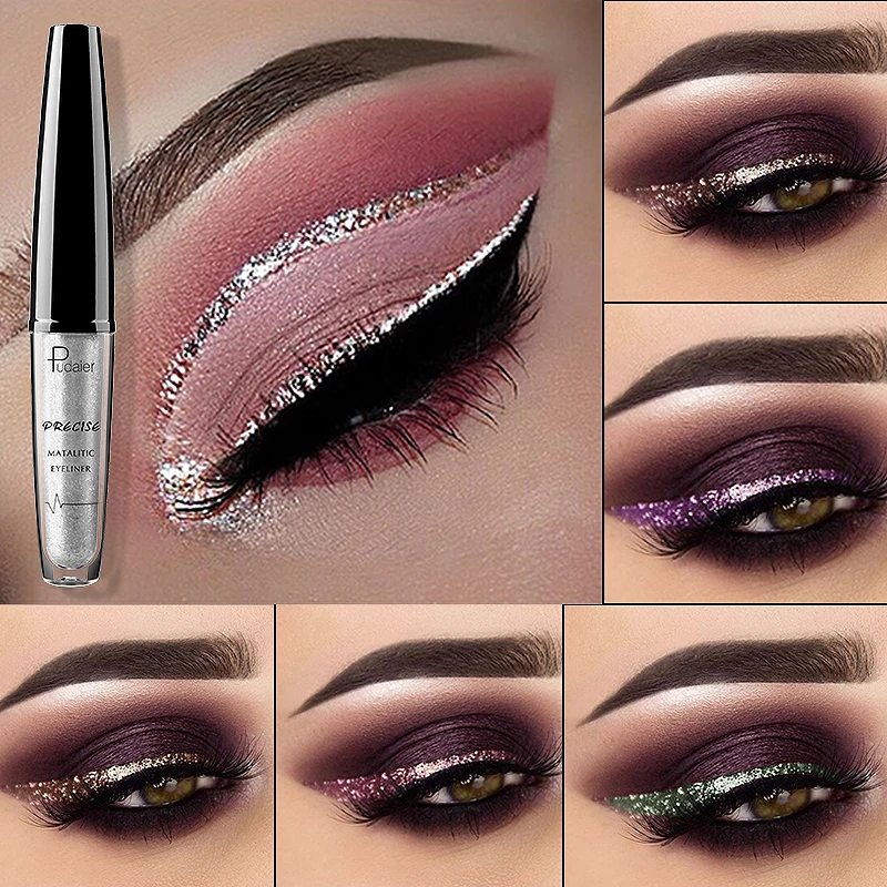 Pudaier Eyes Makeup Glitter Eyeliner for Eyeshadow Makeup Waterproof Metal Liquid Colored Eyeliner Shimmer White Silver Cosmetic