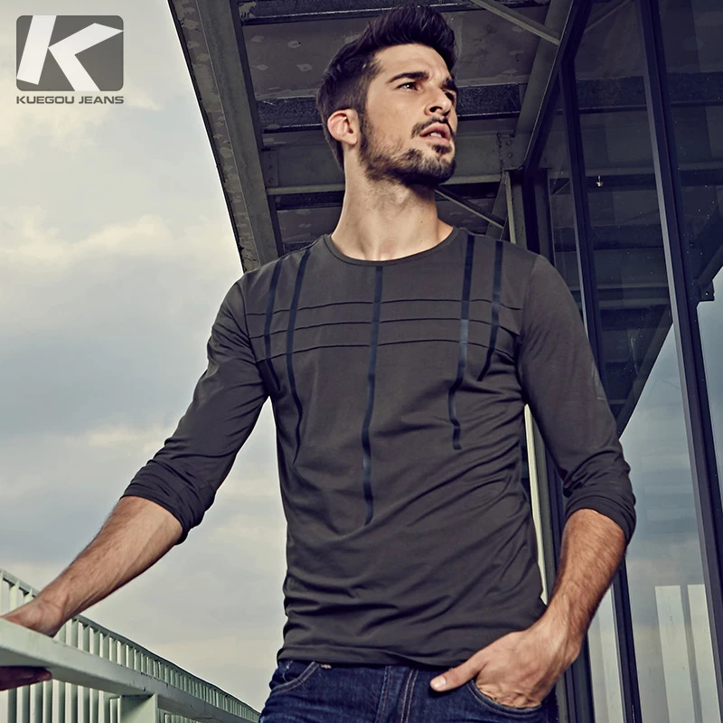 KUEGOU 2017 NEW Fashion Autumn Men T Shirt Brands Casual Slim Men Tshirt 2129