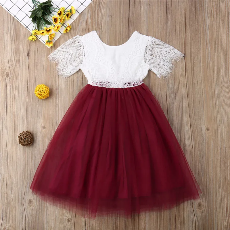 

Toddler Kids Girl Bridesmaid Dress Fashion Short Sleeve Flower Party Lace Wedding Princess Prom Dresses Girls Casual Dresses2-7T