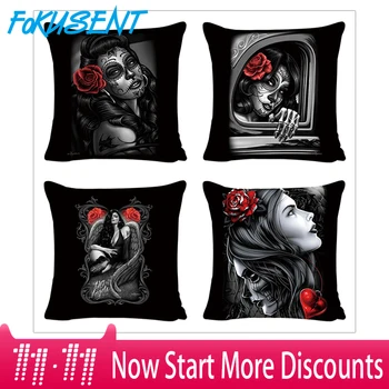 

FOKUSENT Halloween Pillow Case Decoration Throw Pillows Case Sugar skull Halloween Cushions Cover Home Decor Velvet Pillowcase