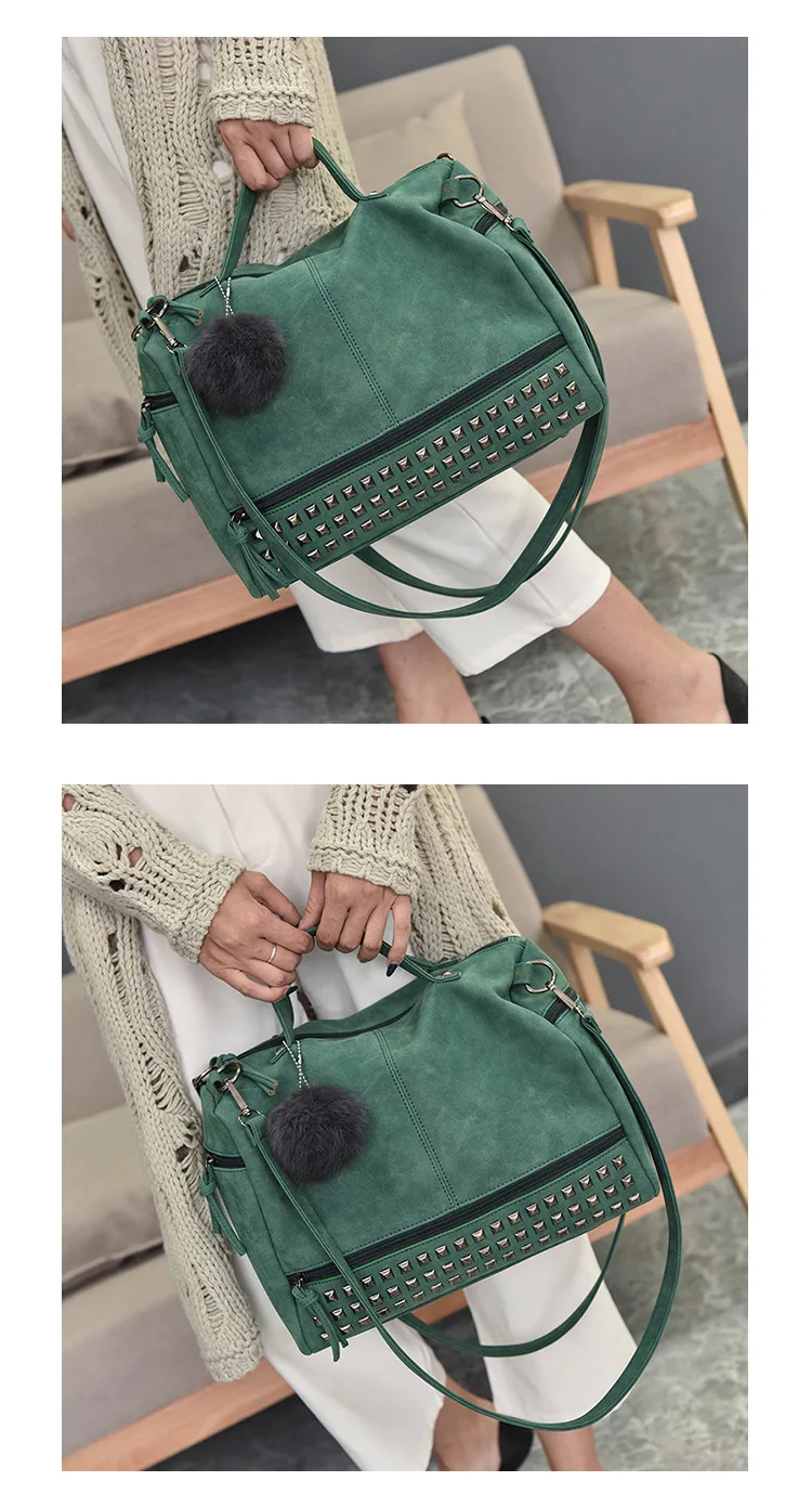 MJ Brand Design Women Handbag Fashion Suede Leather Top-Handle Bags Hair Ball Rivets Shoulder Bag Large Motorcycle Messenger Bag (3)