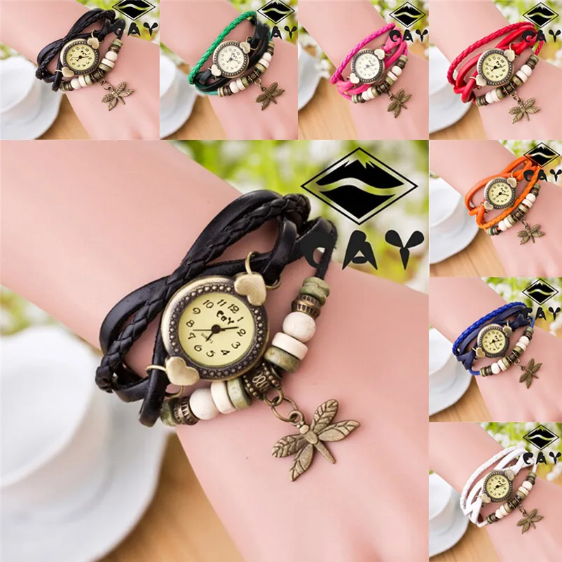 Для женщин часы браслет дамы Античная Стрекоза кожаный ремешок аналоговые кварцевые наручные часы круглые часы relogio feminino Y31