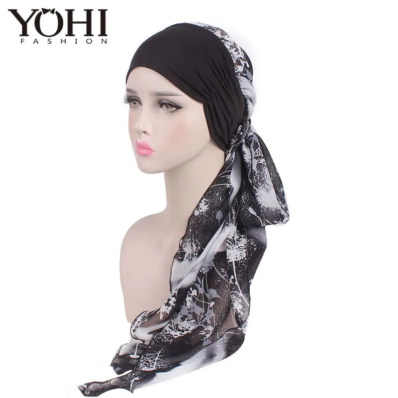 

New Fashion elegant Chiffon lady's shawl cap headscarf hat elastic head with chemotherapy cap for women hair accessories