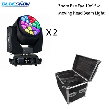 

No tax custom by railway, 2pcs/flightcase Zoom Bee Eye 19x15w LED Moving Head Beam Light DMX