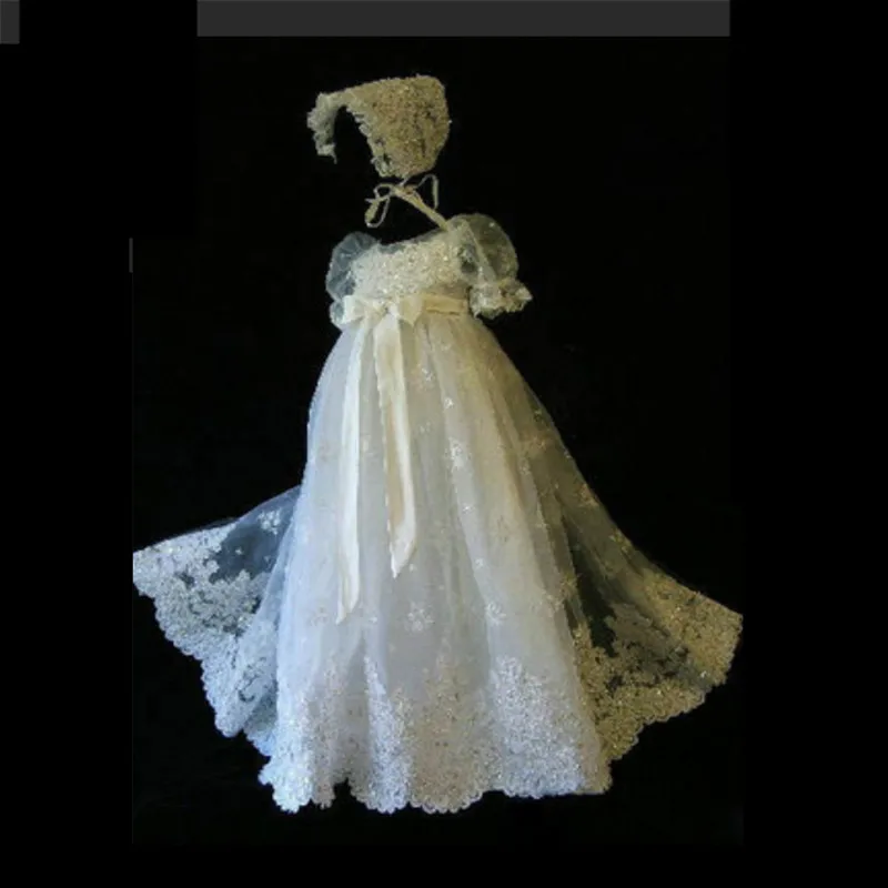 

Baby Baptism Dress Palace Baby Lace Bow Short Sleeve Diamond Full Lace Wash Dress with Headpiece Baby Photography Studio Props