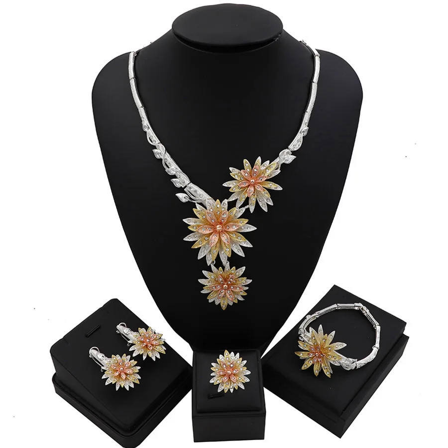 

TSROUND White Gold Color Dubai Jewelry Sets for Women Ngerian Bridal Wedding Three Tones CZ 4PCS
