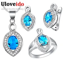 Uloveido Серебряная свадьба комплект ювелирных изделий с голубыми камнями Титан серьги, кольцо, кулон скидка 49% День святого Валентина подарки для Для женщин t452