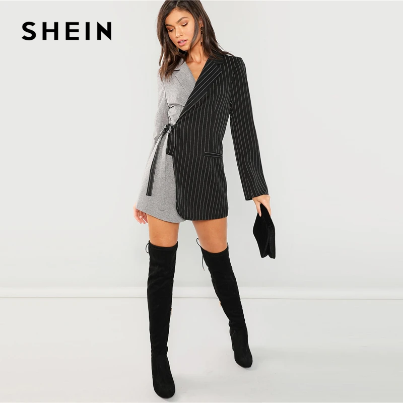 SHEIN Контрастный Блейзер На Запах С V-образным Вырезом Элегантные Женские Осенние Блейзеры