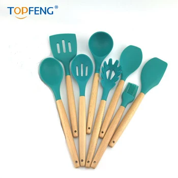 

TOPFENG 8pcs Colorful Silicone kitchen utensils with wooden handle