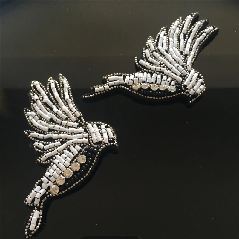 

1022-8 Hummingbird bird handmade applique insect rhinestones bead embroidered trim badge fringe DIY sew patch bridal applique