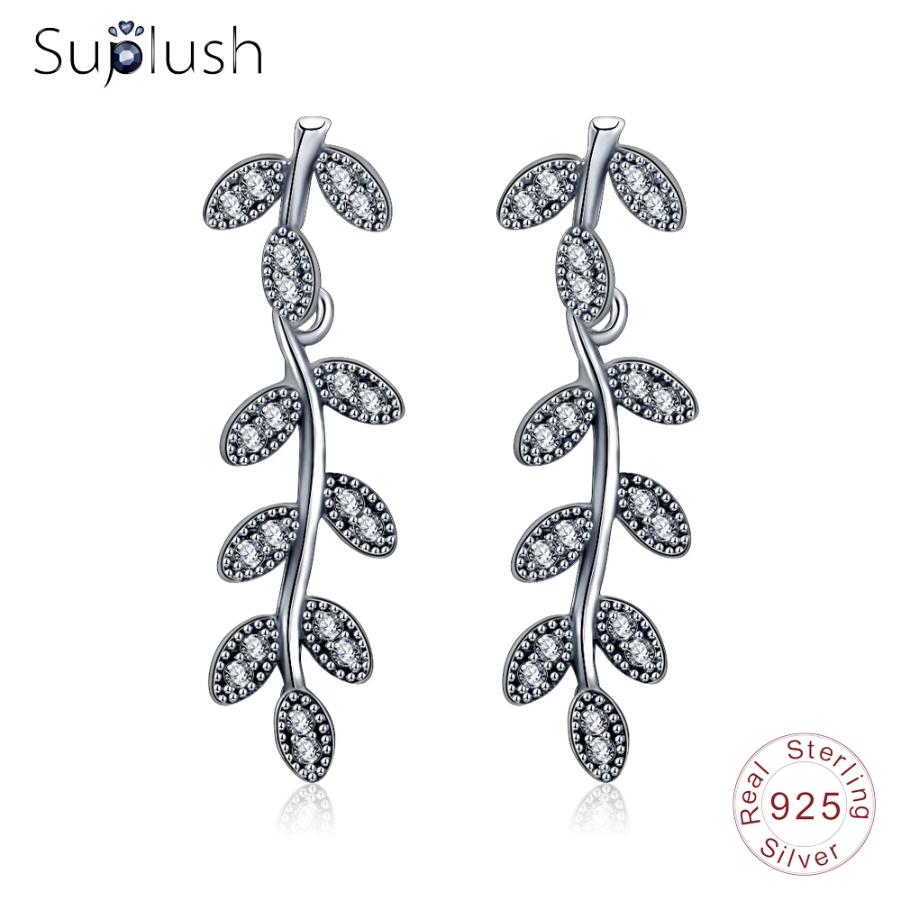 

Suplush Fashion Drop Earrings 100% 925 Sterling Silver Sparkling long Leaves Earrings Romantic Wedding Drop Shipping PSER0044-B