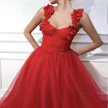 

Red Scarlet Prom Dress Color Tulle Dress Fabric Handmade Corset with Embroidered Flowers A-line Dress Shape Muslim Evening Gown