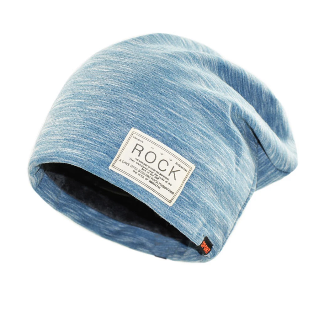 

Hip Hop Cap Winter Solid Color Beanie ROCK Patch Fleece Lining Casual Men Hat