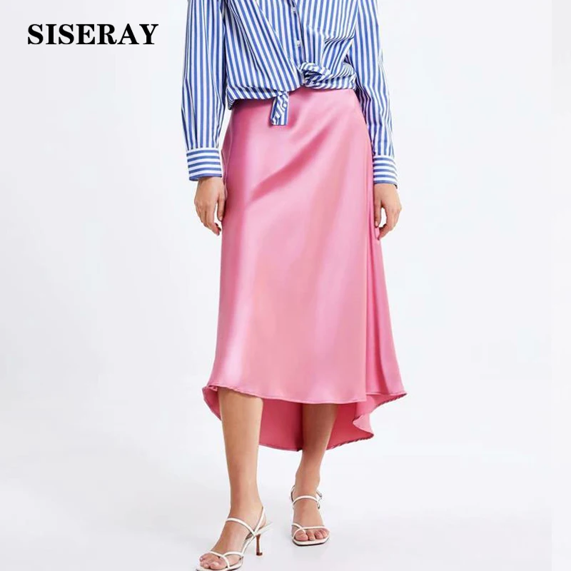 

Elegant Silk Satin Skirts Womens High Waist Long Skirt Side Zipper Irregular Hem A Line Maxi Skirt Falda Saia Pink Lady Skirt