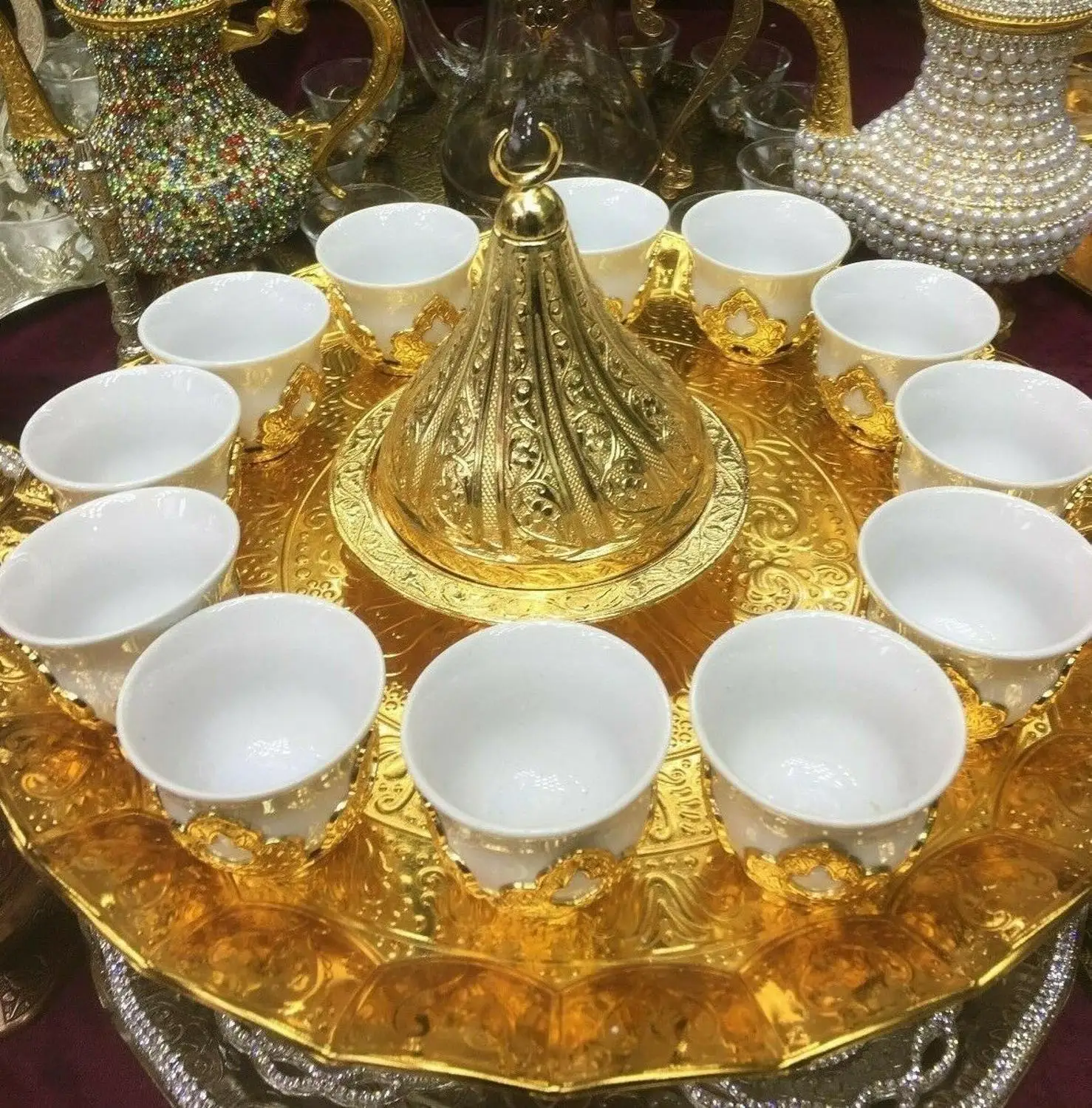 

12 coffee cups Turkish Arabic Coffee Espresso Mırra Serving Set Tray Gold Color