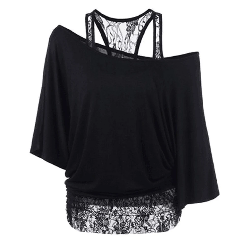 

2017 Women Lace Stitching Vest Batwing Sleeve One Shoulder T-shirt Fashion Top