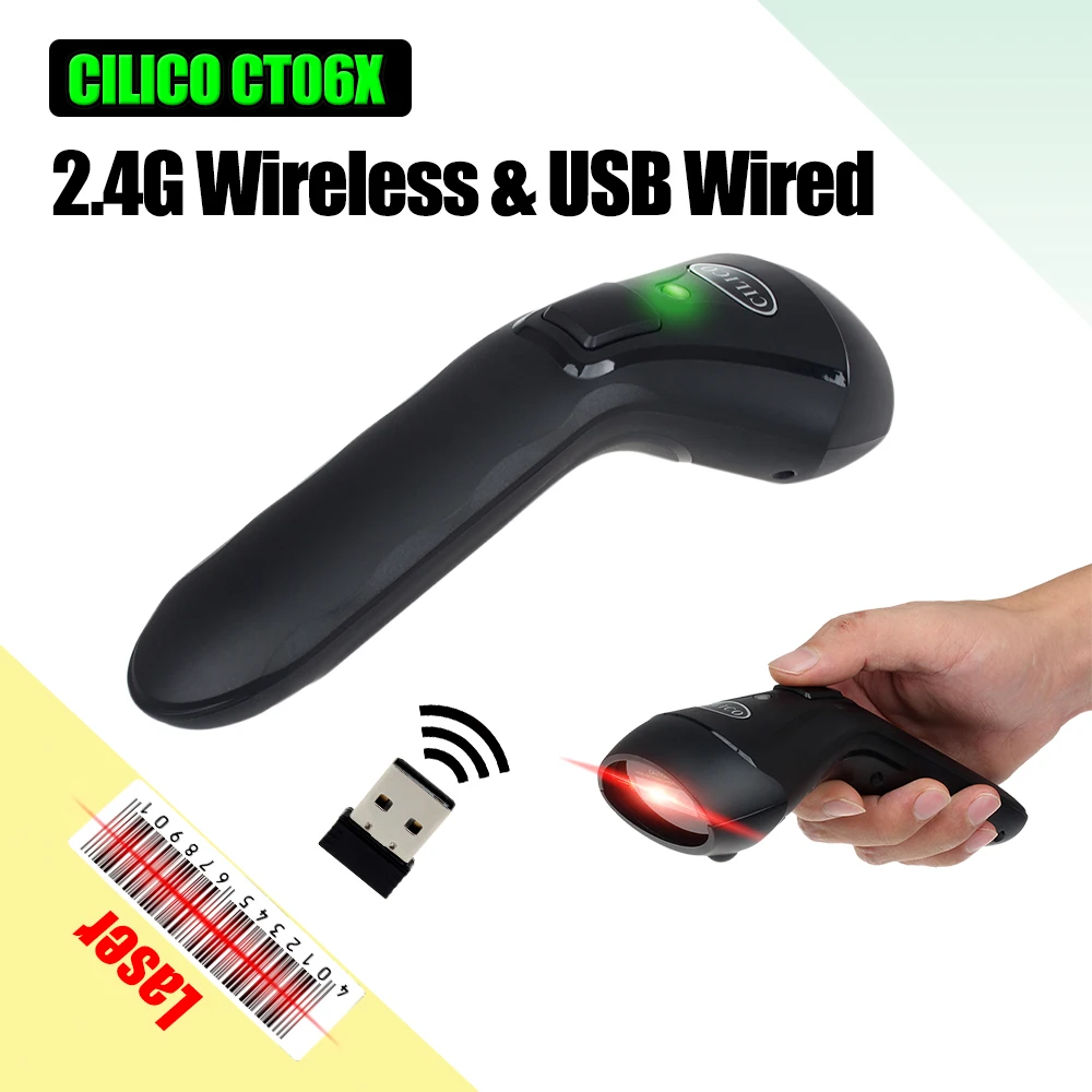 

CILICO 2.4G Wireless/Wired Barcode Scanner USB 1D Automatic Reader Hand-held UPC EAN Codabar Rechargeable Bar Code Scan Gun CT60