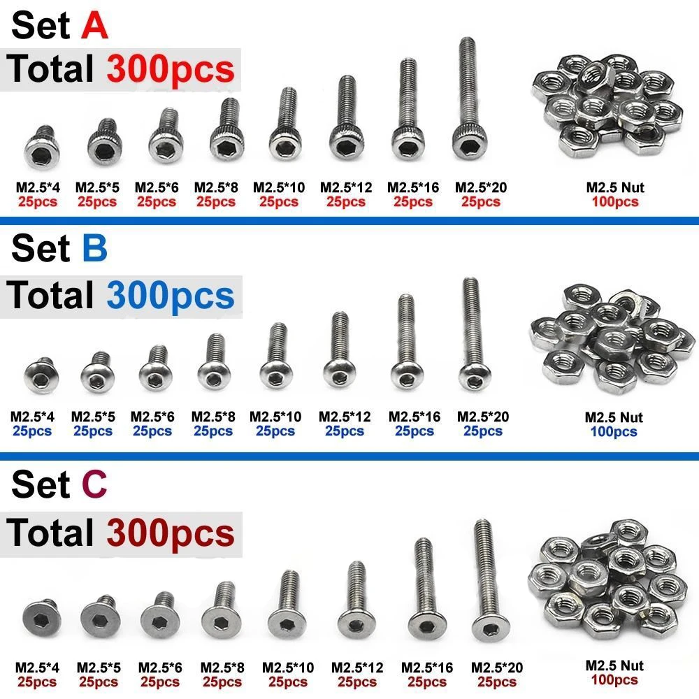 

Practical 300pcs M2.5(2.5mm) A2 SS Allen Bolts With Hex Nuts Screw Assortment
