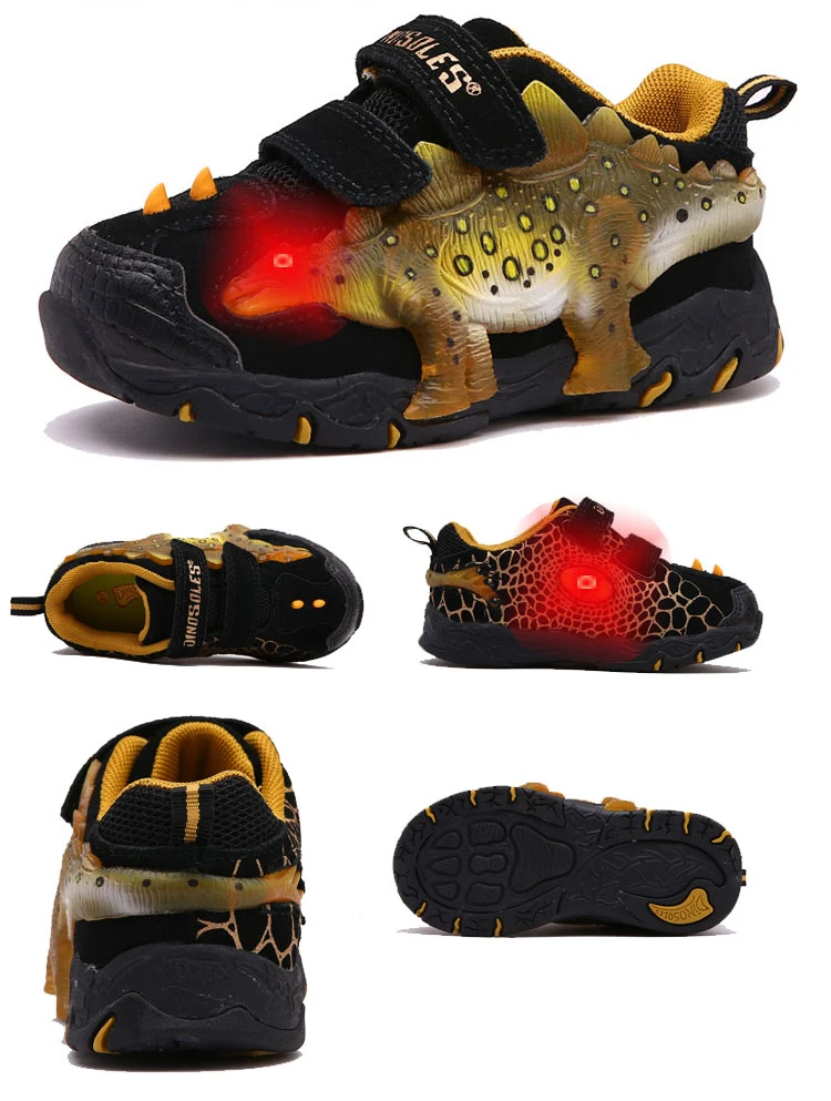 Dinoskulls для мальчиков из натуральной кожи детских кроссовок с подсветкой; кроссовки для мужчин со светящейся светильник на Обувь со светодиодной подсветкой для мальчиков и 3D динозавр, светящиеся кроссовки