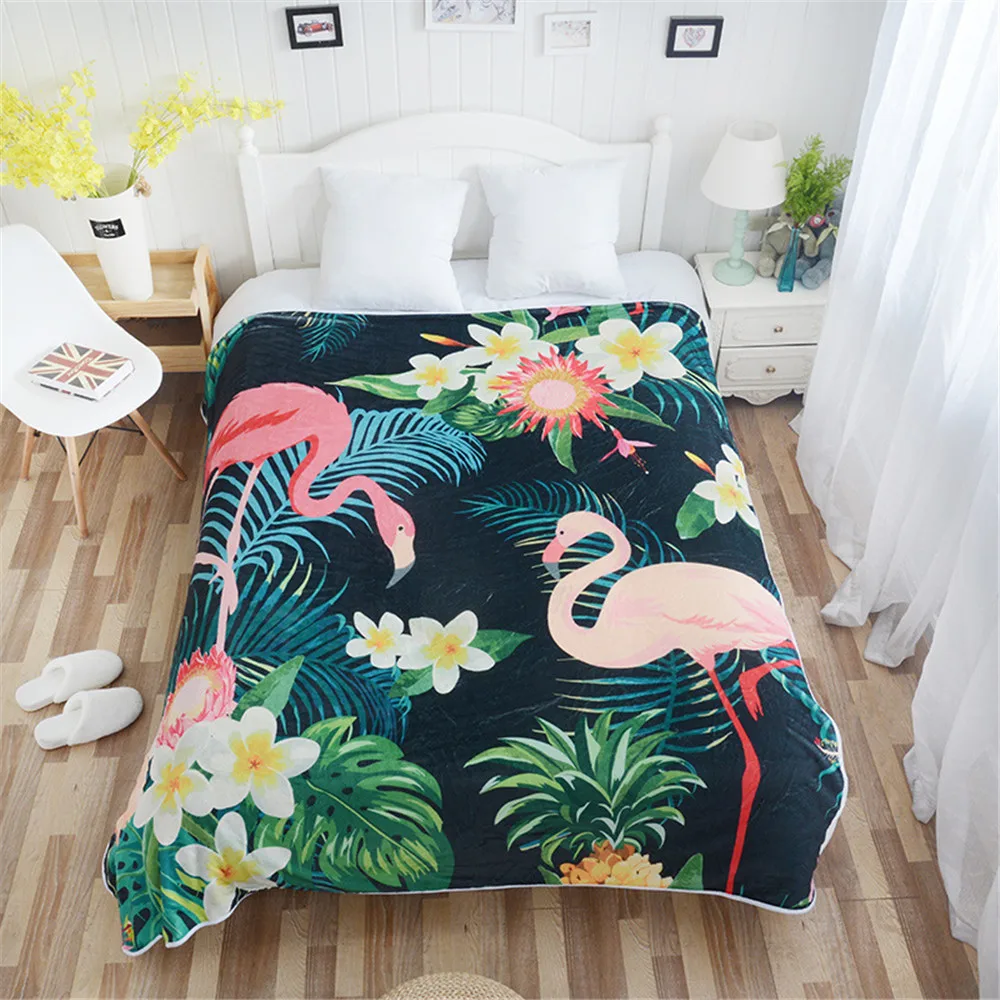 Cilected Flamingo Pattern Plush Throw Blanket Bedclothes Tropical Plant