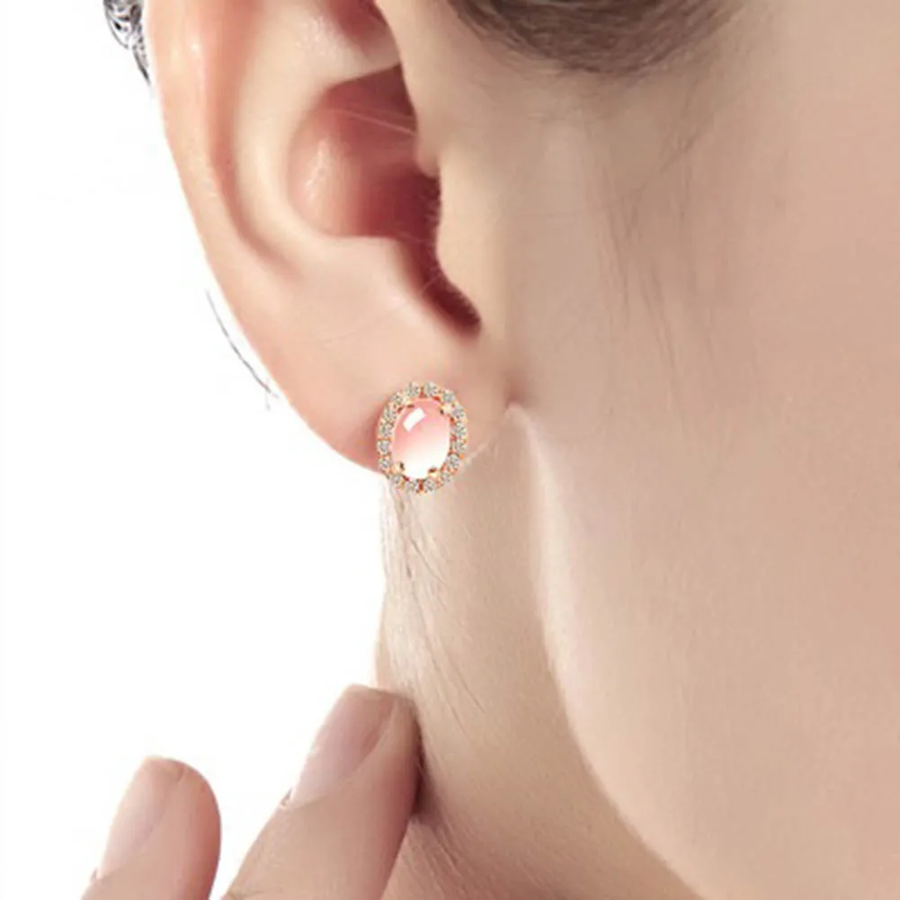 High Quality Women Simple Quartz Stone Rose Gold Color Stud Earrings Party Ear Jewelry Accessories Gift