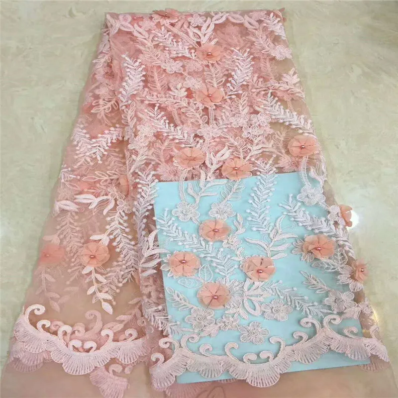 

HFX Nigerian Lace Fabrics Peach High Quality Beaded French Tulle Net Lace 3D Embroidery Lace Fabrics With Flowers X988-3