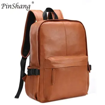 

PinShang Men's Concise Soft PU Leather Travel Backpack Casual Dual Zipper Solid Color Computer Bag Student Laptop Schoolbag ZK20