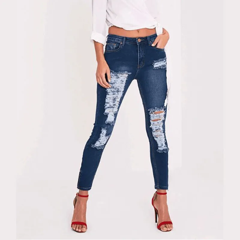 2019 Для женщин обтягивающие рваные джинсы Повседневное пикантные длинные брюки дамы Джинсовый костюм на лето и весну Повседневное модные