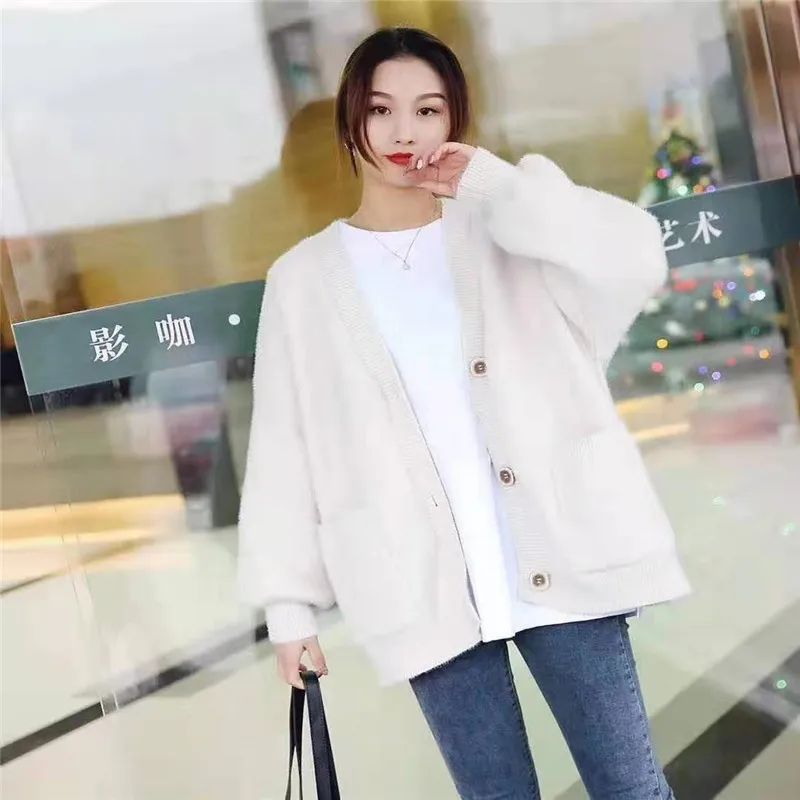 

2019 Woman Casual Imitated Marten Fur Sweater Coat Lantern Sleeves Loose Simple Sweater Coat Autumn Winter New Style