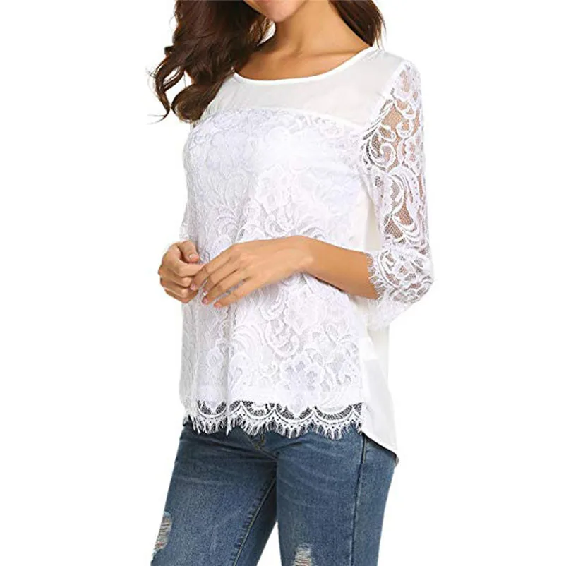 Fashion womens tops and blouses summer Autumn 2018 O Neck Sleeve Lace Chiffon Top Casual Blouse Tops Shirt camicette Y30#N  (2)