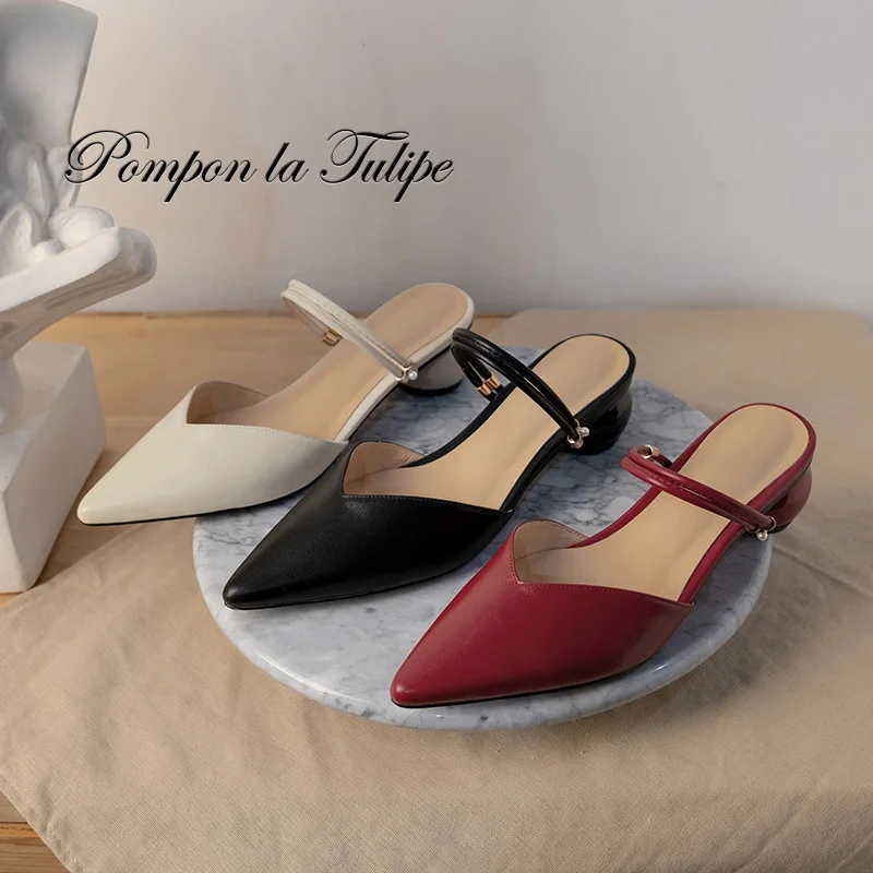

BHS 901115 Chic Pointed Toe 4CM Heels Slipper Mules Genuine Leather Stylish Sandals Sheepskin Fashion Women Shoes Party Wedding