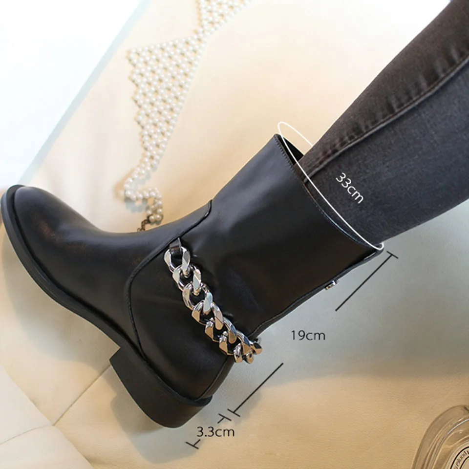 D'hiver Noir Designer En Chaîne Plat Bottes Cuir Chaussures Véritable Long Black Short Moto Cheville Retour black Court Argent Talon Carré Femmes cA608AwqF